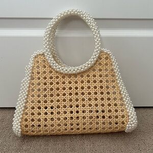 Pearl Embellished Rattan Circle Handbag